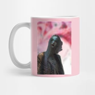 Portrait, digital collage and special processing. Beautiful woman, like painted. Fantasy background. Pink and gray. Mug